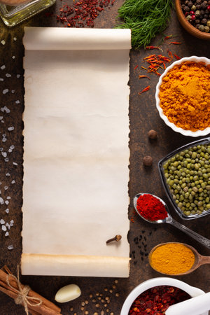 Variety of spices and herbs with cookbook paper on table background. Cooking concept and ingredients at table top viewの写真素材
