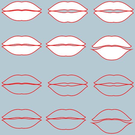 Lips white with red path and only red path without fill twelve items - set icons.のイラスト素材