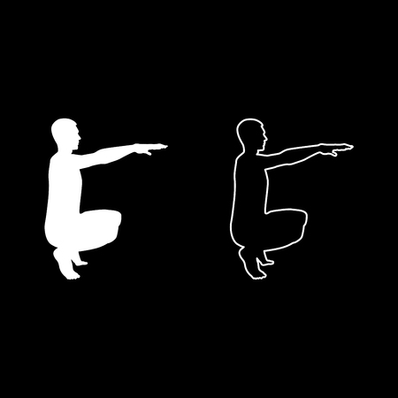 Crouching Man doing exercises crouches squat Sport action male Workout silhouette side view icon set white color vector illustration flat style simple imageのイラスト素材