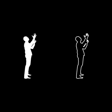 Man is turning to heaven Man up arm Appeal to god Pray concept silhouette icon set white color vector illustration flat style simple imageのイラスト素材