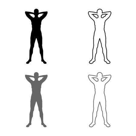 Concept relax Sportsman doing exercise Man holds hands behind head icon set grey black color vector illustration outline flat style simple imageのイラスト素材