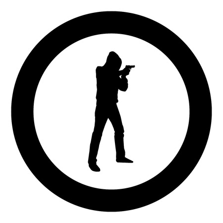 Man in the hood with gun Concept danger short arm icon black color vector illustration flat style simple imagein circle roundのイラスト素材