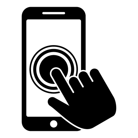 Click on touch screen smartphone Modern smartsphone with hand clicking on screen Finger click on mobile phone Action in apps cellphone Using telephone icon black color vector illustration flat style simple imageのイラスト素材