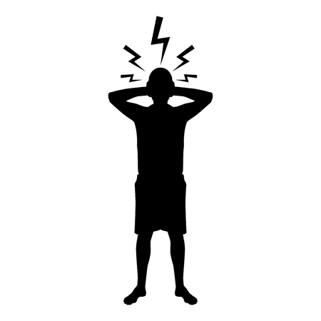 Man holding hand near head with lightning thunderbolt Concept trouble problem people silhouette icon black color vector illustration flat style simple imageのイラスト素材