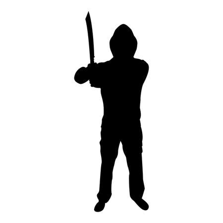 Silhouette man with sword machete cold weapons in hand military man soldier serviceman in various positions hunter with knife fight poses strong defender warrior concept weaponry standing black color vector illustration flat style simple imageのイラスト素材