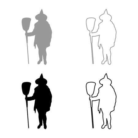 Fairy Wizard Witch holding broom Subject for Halloween concept silhouette grey black color vector illustration solid outline style simple imageのイラスト素材