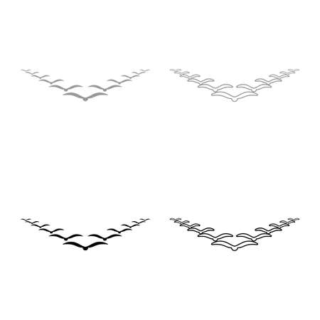 Flock of birds flying in the sky in wedge key Leadership concept Migration silhouette set icon grey black color vector illustration image simple flat style solid fill outline contour line thinのイラスト素材