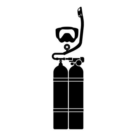 Set of skin-diver scuba diver mask snorkel aqualung dive tank cylinders balloon diving gear icon black color vector illustration image flat style simpleのイラスト素材