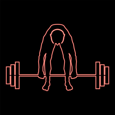Neon muscular man weightlifter doing raising the barbell sportsman raising weights silhouette icon red color vector illustration image flat style lightのイラスト素材