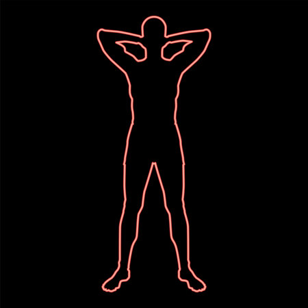 Neon concept relax sportsman doing exercise man holds hands behind head icon red color vector illustration image flat style lightのイラスト素材