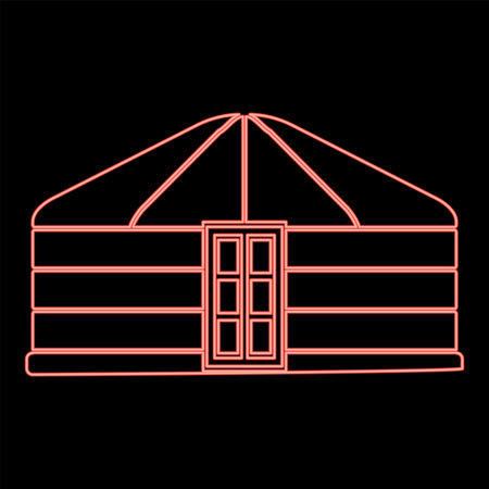 Neon yurt of nomads Portable frame dwelling with door Mongolian tent covering building red color vector illustration image flat style lightのイラスト素材