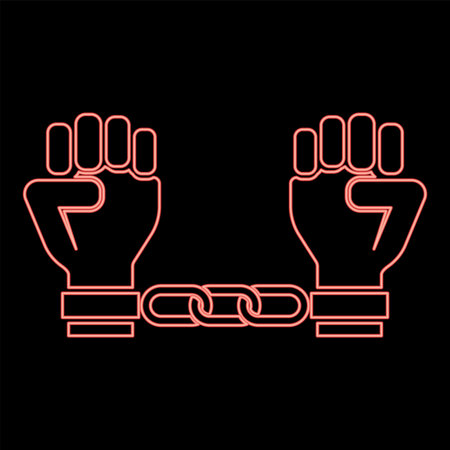 Neon handcuffed hands Chained human arms Prisoner concept Manacles on man Detention idea Fetters confine Shackles on person icon black color vector illustration flat style simple image red color vector illustration image flat style lightのイラスト素材