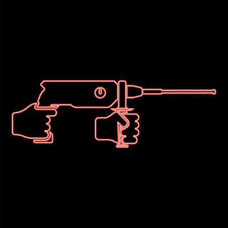 Neon electric rotary hammer drill in hand holding tool use Arm using Power tool red color vector illustration image flat style lightのイラスト素材