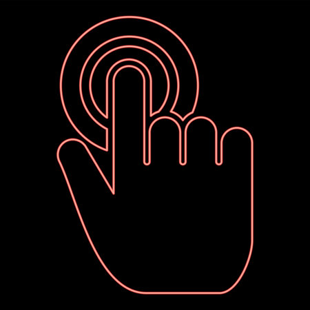 Neon click on button Hand cursor Touch screen red color vector illustration image flat style lightのイラスト素材