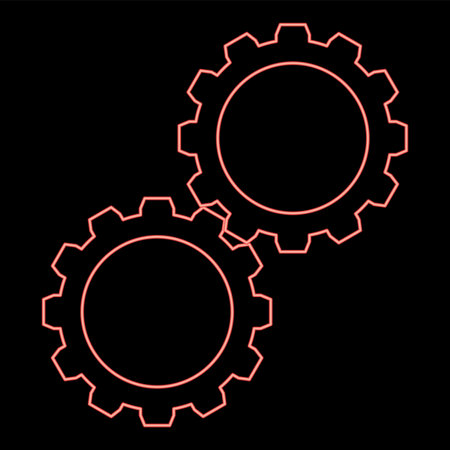 Neon two gears gearwheel cog set Cogwheels connected in working mechanism red color vector illustration image flat style lightのイラスト素材