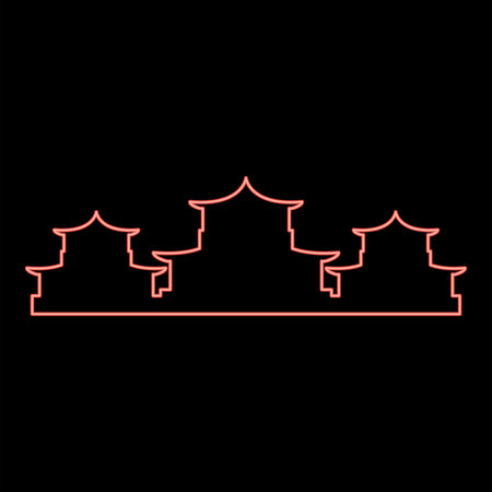 Neon chinese traditional buildings red color vector illustration image flat style lightのイラスト素材