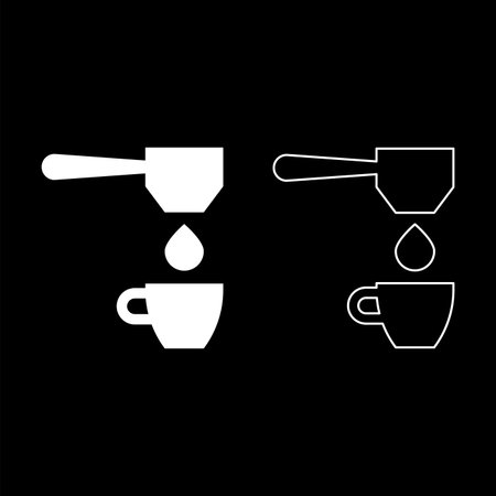Coffee drop in cup filtering cuping portafilter drip set icon white color vector illustration image simple solid fill outline contour line thin flat styleのイラスト素材