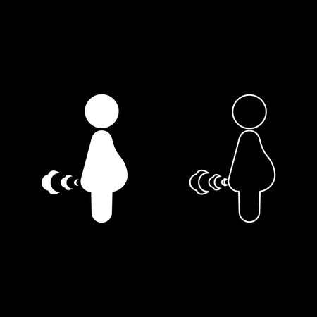 Pregnant woman farts break wind farting bloating gas cloud stench bad smell flatulency set icon white color vector illustration image simple solid fill outline contour line thin flat styleのイラスト素材