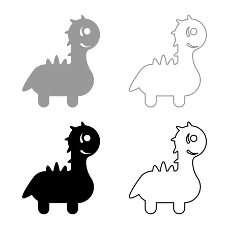 Funny dragon cute character dinosaur dino set icon grey black color vector illustration image simple solid fill outline contour line thin flat styleのイラスト素材