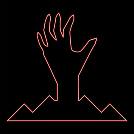 Neon scary human hand from ground silhouette dead man's Halloween decorative element zombie concept spooky clawed paw sharp nails bony arm fingers man undead red color vector illustration image flat style lightのイラスト素材