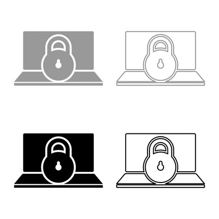 Laptop lock personal data security cyber access concept locked padlock use set icon grey black color vector illustration image simple solid fill outline contour line thin flat styleのイラスト素材