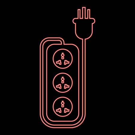 Neon strip multi plug network filter smart power tripled wire socket adapter electrical extension cable equipment cord electric tee red color vector illustration image flat style lightのイラスト素材