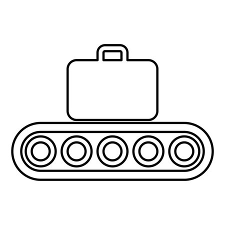 Conveyor belt airport tape baggage passengers luggage suitcase production line automated manufacturing contour outline line icon black color vector illustration image thin flat style simpleのイラスト素材
