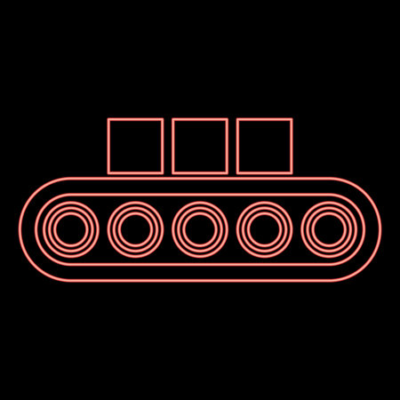 Neon conveyor belt airport tape baggage passengers luggage box production line automated manufacturing red color vector illustration image flat style lightのイラスト素材
