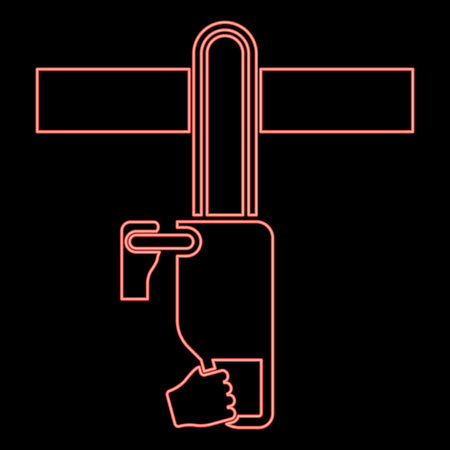 Neon chainsaw sawing board woodchopper concept lumberjack arborist cutting deforestation prunes sprinking red color vector illustration image flat style lightのイラスト素材