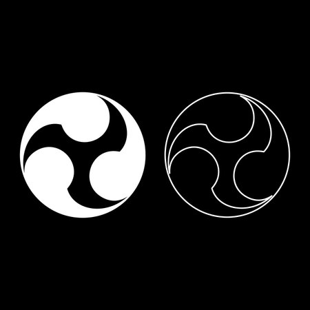 Tomoe symbol religious sign Japanese religions Oriental three petal set icon white color vector illustration image simple solid fill outline contour line thin flat styleのイラスト素材