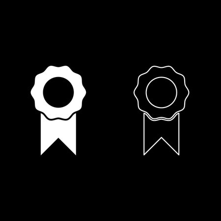 Medal with ribbon winner award prize certificate seal emblem stamp badge medallion rosette set icon white color vector illustration image simple solid fill outline contour line thin flat styleのイラスト素材