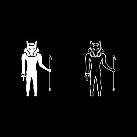 Anubis deity with jackal head ancient Egyptian god holds staff and anch cross silhouette mythical set icon white color vector illustration image simple solid fill outline contour line thin flat styleのイラスト素材