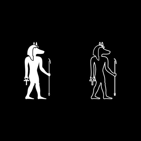Anubis deity with jackal head ancient Egyptian god holds staff and anch cross silhouette mythical set icon white color vector illustration image simple solid fill outline contour line thin flat styleのイラスト素材