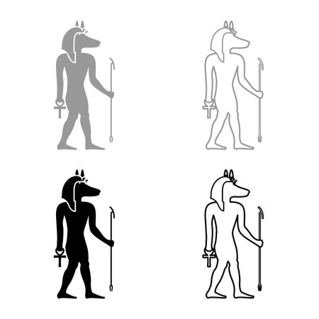 Anubis deity with jackal head ancient Egyptian god holds staff and anch cross silhouette mythical set icon grey black color vector illustration image simple solid fill outline contour line thin flat styleのイラスト素材