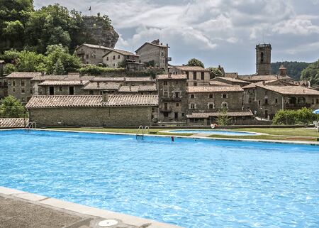 Spain, Catalonia . Rupit - mountain village , built on top of the basalt rocks in the national park of volcanic origin, at an altitude of nine hundred meters above sea level .の写真素材
