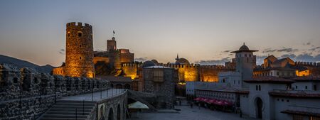 Georgia, Akhaltsikhe. Evening panorama of the medieval, recently restored fortress of Rabat, with illumination included.のeditorial素材