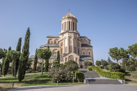 Georgia, Tbilisi. The main cathedral of the Georgian Orthodox Church Temple Tsminda Sameba (Holy Trinity).の写真素材