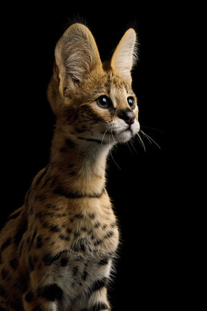 Portrait of stunning Serval Cat isolated on Black Background in studio profile viewの写真素材