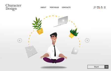 Happy employee parctic care and stress relief. Boss character doing yoga in lotus position. Cartoon Abstract Character Page. Floating objects computer indoor plantsのイラスト素材