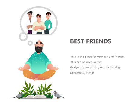 Young man dreams of friendship. A man in a lotus position and his friends. The guy concentrates on the relationship. Isolated cartoon style characters. Use in Web Projectのイラスト素材