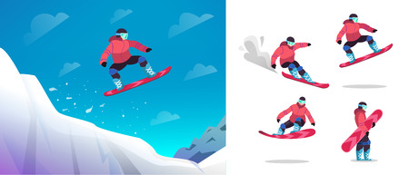 Snowboarder jumps from a springboard. A snowboard athlete performs a trick. Character set snowboarder in different poses. Isolated vector illustration in white style.のイラスト素材