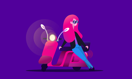 Girl and scooter. Female motorcycle. Young happy woman is leaning on a red bicycle. Mom is a motorcycle driver. Plastic Pink, Proton Purple colors using isolated vector illustrationsのイラスト素材