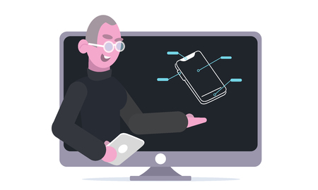 Presentation of a new smartphone, gadget. Popular Blogger Review Concept Vetor. Online streaming video channel. Advantages of the new gadget. Isolated Flat Cartoon Illustration on white backgroundのイラスト素材