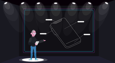 Presentation of New Mobile Phone gadget device. The Explaining Advantages and Functionalityのイラスト素材