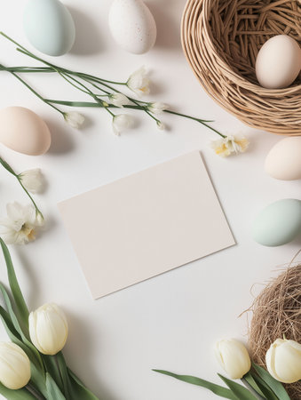 A blank Easter greeting card mockup, soft pastel-colored. The serene, muted background creates a peaceful and joyful atmosphere.の素材