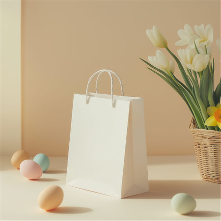 Easter-themed blank shopping paper bag mockup, set against a serene background in muted matte tones.の素材
