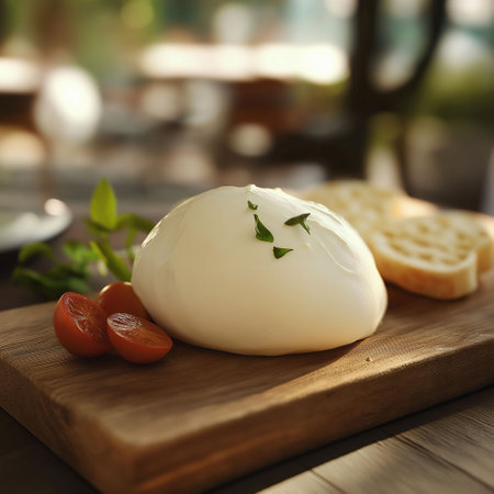 Melted mozzarella on a wooden table.の素材