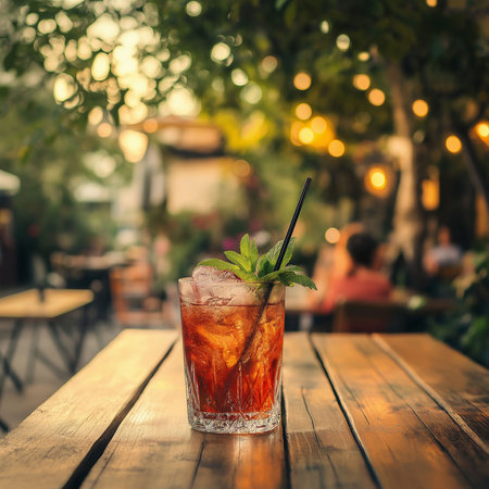 A vibrant summer cocktail served in a tall glass on a rustic wooden table.の素材
