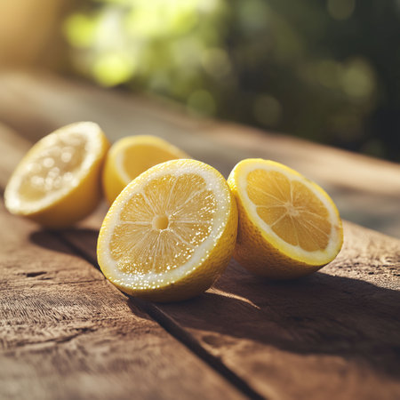 Lemon slices on a rustic wooden table.の素材