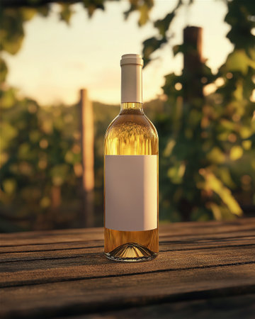 A highly detailed, photorealistic image of a white wine bottle with a blank label, placed on a rustic wooden table. The soft golden light from a summer sunset creates a warm and inviting atmosphere, while lush green vineyards in the background evoke the relaxed feeling of a siesta. Perfect lighting and shadows highlight the textures of the bottle and enhance the serene ambiance. Ideal for wine promotions, product shots, and lifestyle imagery. Generated AI.の素材